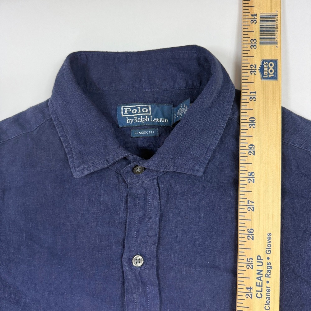 Vintage Y2K Polo Ralph Lauren Men Navy Blue Linen Shirt Classic Fit L Chest 48" - Picture 9 of 11